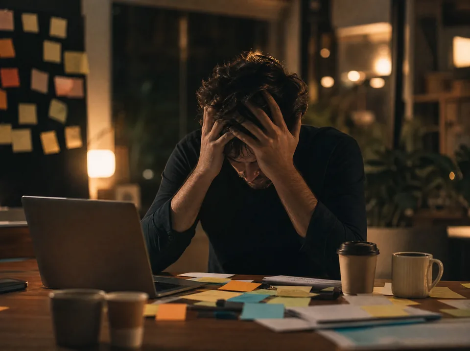 A founder at a desk, buried in every job at once