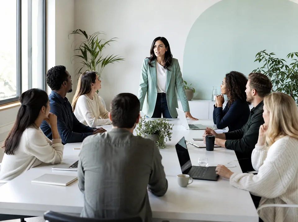 A founder briefing a full team around a table